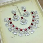 Silver Maroon Zircon Mirror Necklace Jewelry Set with Earrings and Teeka (ZV:21280)