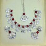 Silver Maroon Zircon Mirror Necklace Jewelry Set with Earrings and Teeka (ZV:21280)
