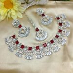 Silver Maroon Zircon Mirror Necklace Jewelry Set with Earrings and Teeka (ZV:21280)