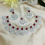 Silver Maroon Zircon Mirror Necklace Jewelry Set with Earrings and Teeka (ZV:21280)