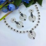 Silver Black Zircon Stone Necklace Jewelry Set with Earrings and Bindia (ZV:21235)