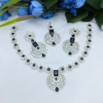 Silver Black Zircon Stone Necklace Jewelry Set with Earrings and Bindia (ZV:21235)