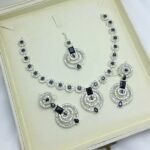 Silver Black Zircon Stone Necklace Jewelry Set with Earrings and Bindia (ZV:21235)
