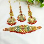 Nauratan Bridal Kundan Pearl Necklace Set with Long Earrings and Matha Patti (ZV:23085)