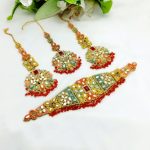 Nauratan Bridal Kundan Pearl Necklace Set with Long Earrings and Matha Patti (ZV:23085)