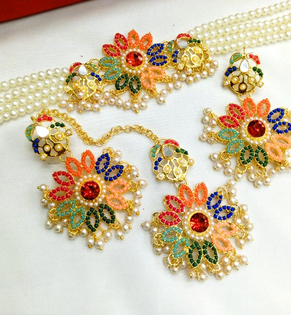 Beautiful Nauratan Zircon Choker Set with Earrings and Bindia (ZV:23937)