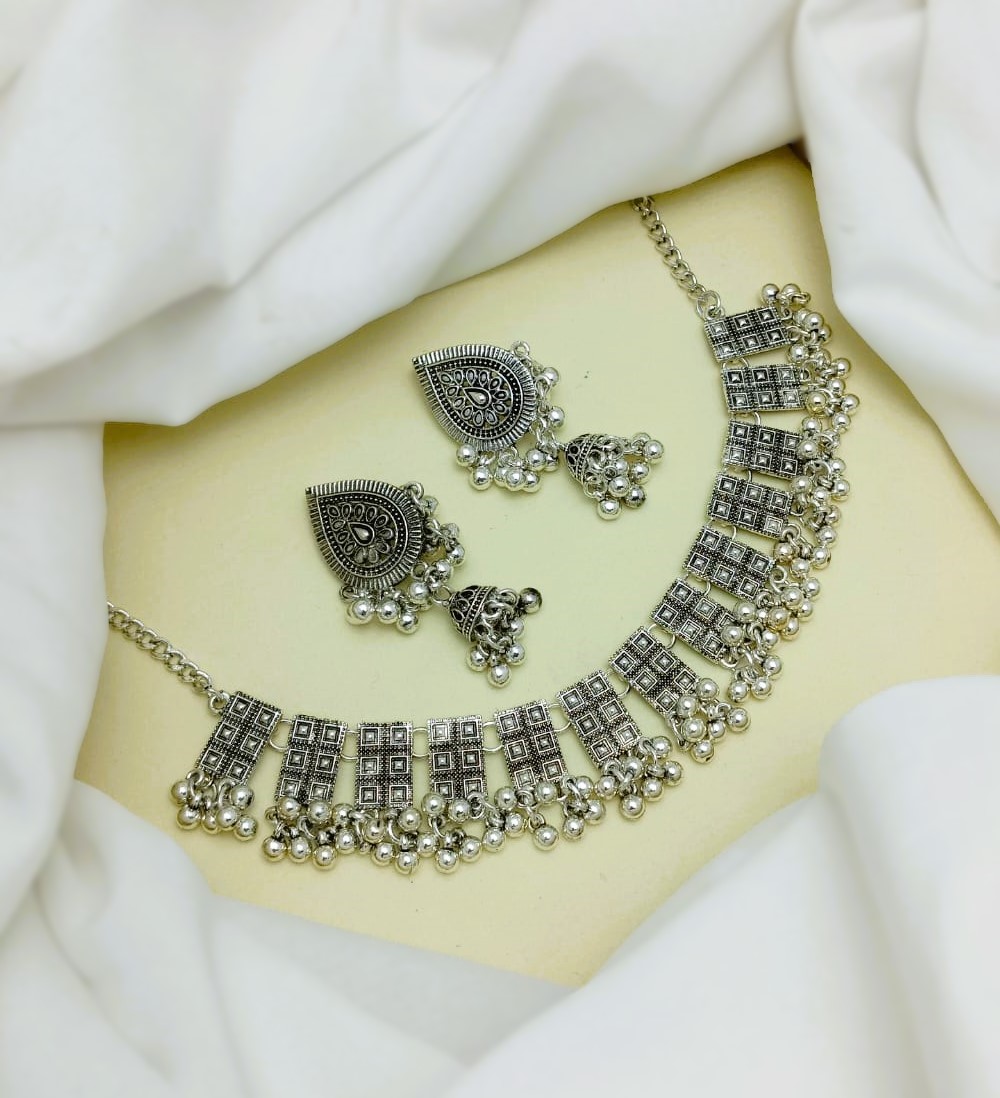Traditionally Afghani Silver Antique Choker Necklace Set with Jhumkay