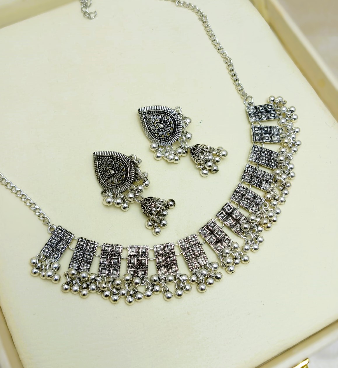 Traditionally Afghani Silver Antique Choker Necklace Set with Jhumkay