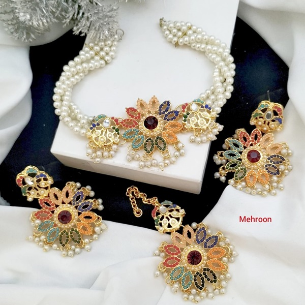 Beautiful Nauratan Zircon Choker Set with Earrings and Bindia (ZV:23937)