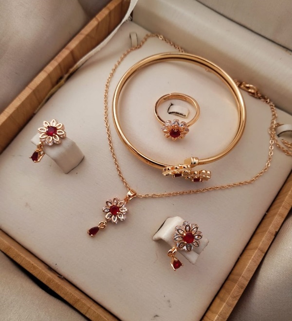 Zircon Maroon Chain Locket Combo Set with Earrings, Ring and