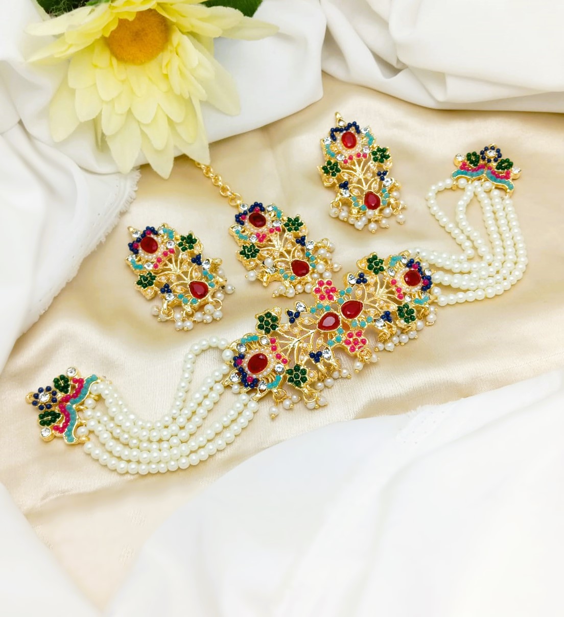 Zircon Nauratan Gajra Choker Set with Earrings and Teeka (ZV:23503)