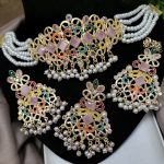 Traditional Nauratan Zircon Choker Necklace Set with Long Earrings and Teeka (ZV24285)