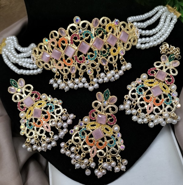 Traditional Nauratan Zircon Choker Necklace Set with Long Earrings and Teeka (ZV24285) Traditional Nauratan Zircon Choker Necklace Set with Long Earrings and Teeka (ZV24285)