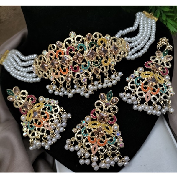 Traditional Nauratan Zircon Choker Necklace Set with Long Earrings and Teeka (ZV24285) Traditional Nauratan Zircon Choker Necklace Set with Long Earrings and Teeka (ZV24285)