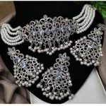 Traditional Nauratan Zircon Choker Necklace Set with Long Earrings and Teeka (ZV24285)