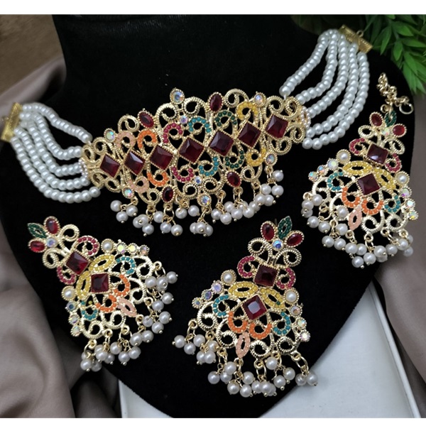 Traditional Nauratan Zircon Choker Necklace Set with Long Earrings and Teeka (ZV24285) Traditional Nauratan Zircon Choker Necklace Set with Long Earrings and Teeka (ZV24285)