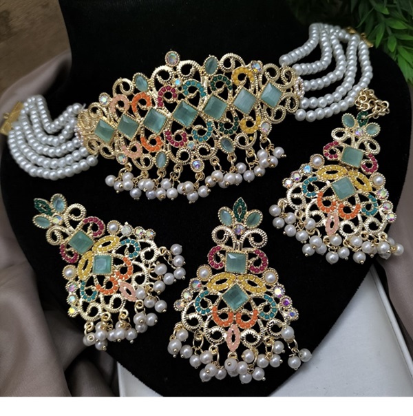 Traditional Nauratan Zircon Choker Necklace Set with Long Earrings and Teeka (ZV24285) Traditional Nauratan Zircon Choker Necklace Set with Long Earrings and Teeka (ZV24285)