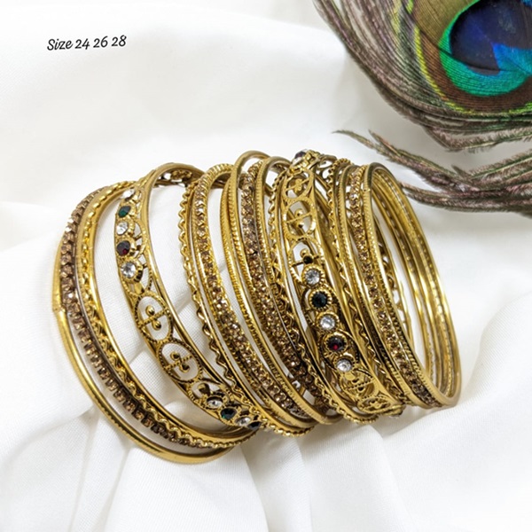 Indian Dull Golden Bridal Kangan Bangles Set With 12 Churiyan (ZV:24625)