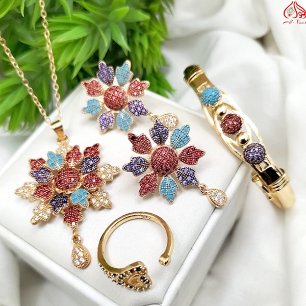 Indian Multicolor Gold Plated Zircon Flower Combo Jewelry Set with Earrings, Bracelet and Ring (ZV:24635) Indian Multicolor Gold Plated Zircon Flower Combo Jewelry Set with Earrings, Bracelet and Ring (ZV:24635)