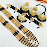 Indian Black Choker Necklace Set With Earrings, Bindiya And Black Pearl Mala (ZV:24667)