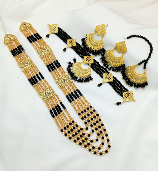 Indian Black Choker Necklace Set With Earrings, Bindiya And Black Pearl Mala (ZV:24667)