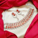 Elegant Red and Silver Choker Necklace Set with Earrings (ZV:24326)