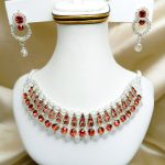 Elegant Red and Silver Choker Necklace Set with Earrings (ZV:24326)