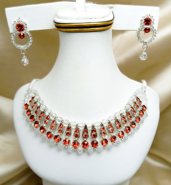 Elegant Red and Silver Choker Necklace Set with Earrings (ZV:24326)