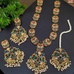 Gold Plated Nauratan Gajra Mala Necklace Set with Earrings and Tika (ZV:25079)