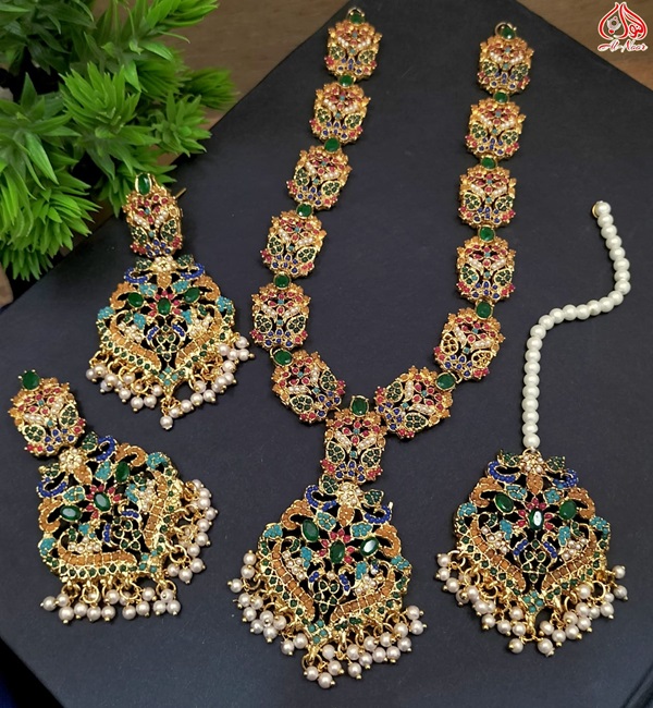 Gold Plated Nauratan Gajra Mala Necklace Set with Earrings and Tika (ZV:25079)