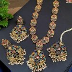 Gold Plated Nauratan Gajra Mala Necklace Set with Earrings and Tika (ZV:25079)