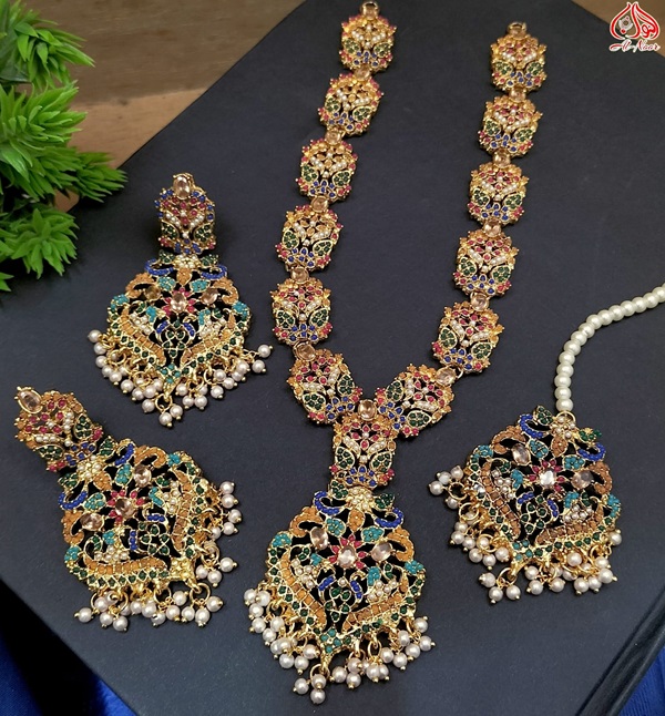 Gold Plated Nauratan Gajra Mala Necklace Set with Earrings and Tika (ZV:25079)
