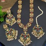 Gold Plated Nauratan Gajra Mala Necklace Set with Earrings and Tika (ZV:25079)