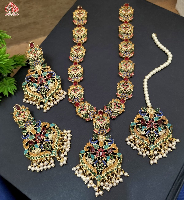 Gold Plated Nauratan Gajra Mala Necklace Set with Earrings and Tika (ZV:25079)