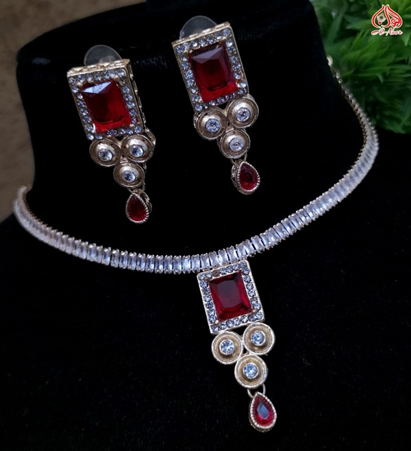 Stylish Heavy Zircon Silver Necklace with Long Earrings (ZV:25441)