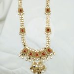 Beautiful Golden Maroon Bridal Necklace Set with Earrings, Bindia and Jhumar (ZV:25686)