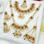 Beautiful Golden Maroon Bridal Necklace Set with Earrings, Bindia and Jhumar (ZV:25686)