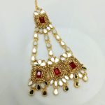 Beautiful Golden Maroon Bridal Necklace Set with Earrings, Bindia and Jhumar (ZV:25686)