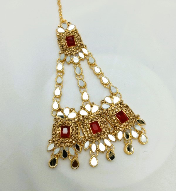 Beautiful Golden Maroon Bridal Necklace Set with Earrings, Bindia and Jhumar (ZV:25686) Beautiful Golden Maroon Bridal Necklace Set with Earrings, Bindia and Jhumar (ZV:25686)