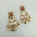 Beautiful Golden Maroon Bridal Necklace Set with Earrings, Bindia and Jhumar (ZV:25686)