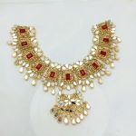 Beautiful Golden Maroon Bridal Necklace Set with Earrings, Bindia and Jhumar (ZV:25686)