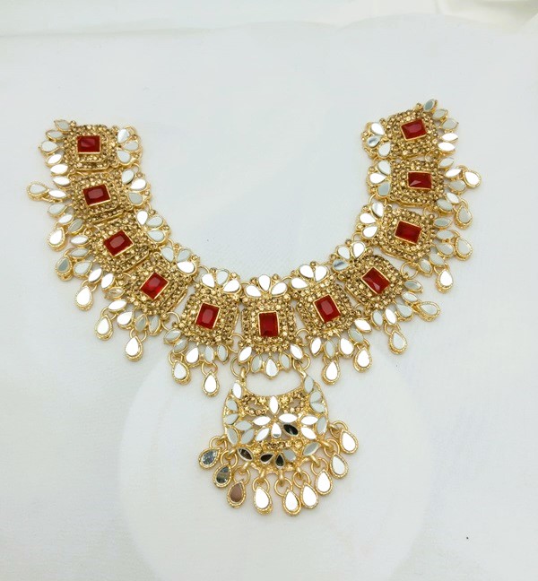 Beautiful Golden Maroon Bridal Necklace Set with Earrings, Bindia and Jhumar (ZV:25686) Beautiful Golden Maroon Bridal Necklace Set with Earrings, Bindia and Jhumar (ZV:25686)