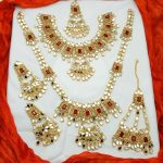 Beautiful Golden Maroon Bridal Necklace Set with Earrings, Bindia and Jhumar (ZV:25686)