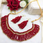 Stylish Red Crystal Moti Choker Necklace Set with Earrings (ZV:26611)