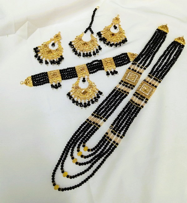 Indian Black Choker Necklace Set with Mala (ZV:27165)