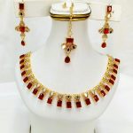 Elegant Maroon Zircon Stone Necklace Set with Earrings and Tika (ZV:27352)
