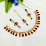 Elegant Maroon Zircon Stone Necklace Set with Earrings and Tika (ZV:27352)