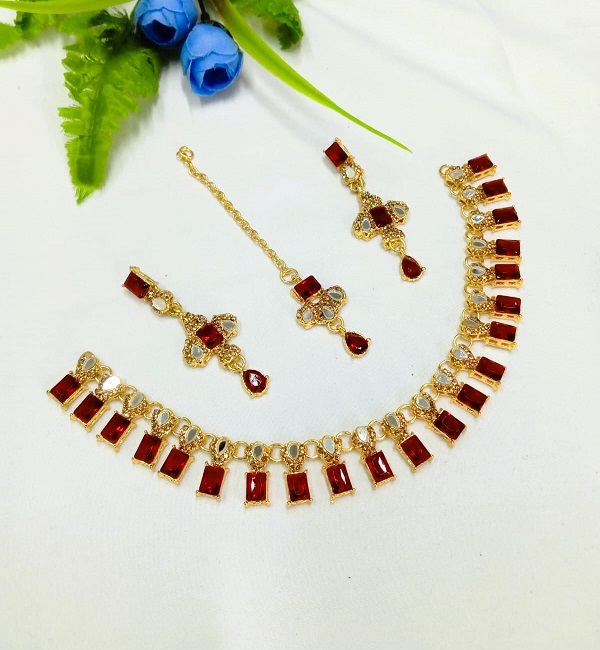 Elegant Maroon Zircon Stone Necklace Set with Earrings and Tika (ZV:27352)