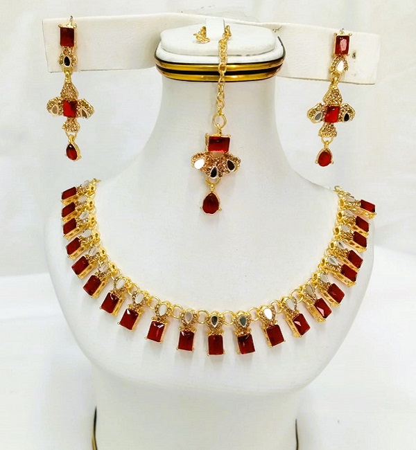 Elegant Maroon Zircon Stone Necklace Set with Earrings and Tika (ZV:27352)