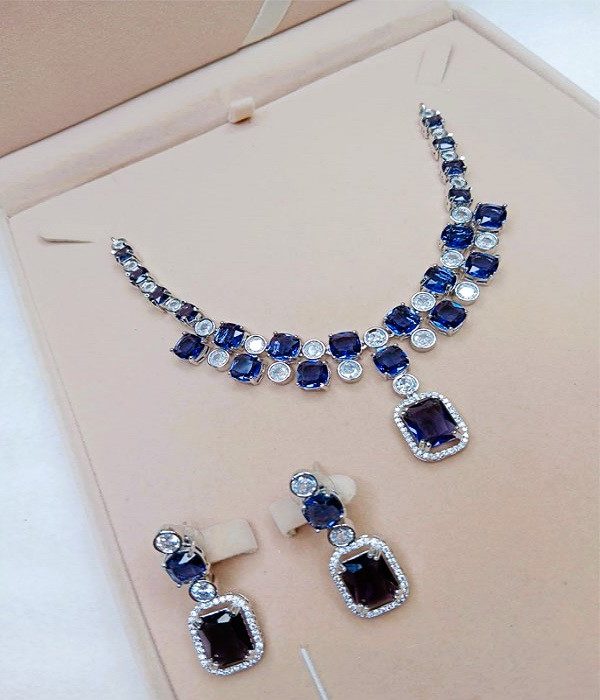 American Diamond AD Blue Necklace Set With Earrings (ZV:27944)